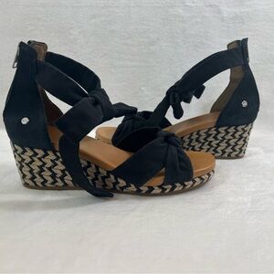 UGG Yarrow Espadrille Black Suede Ankle Bow & Canvas Wedge Sandals Women’s